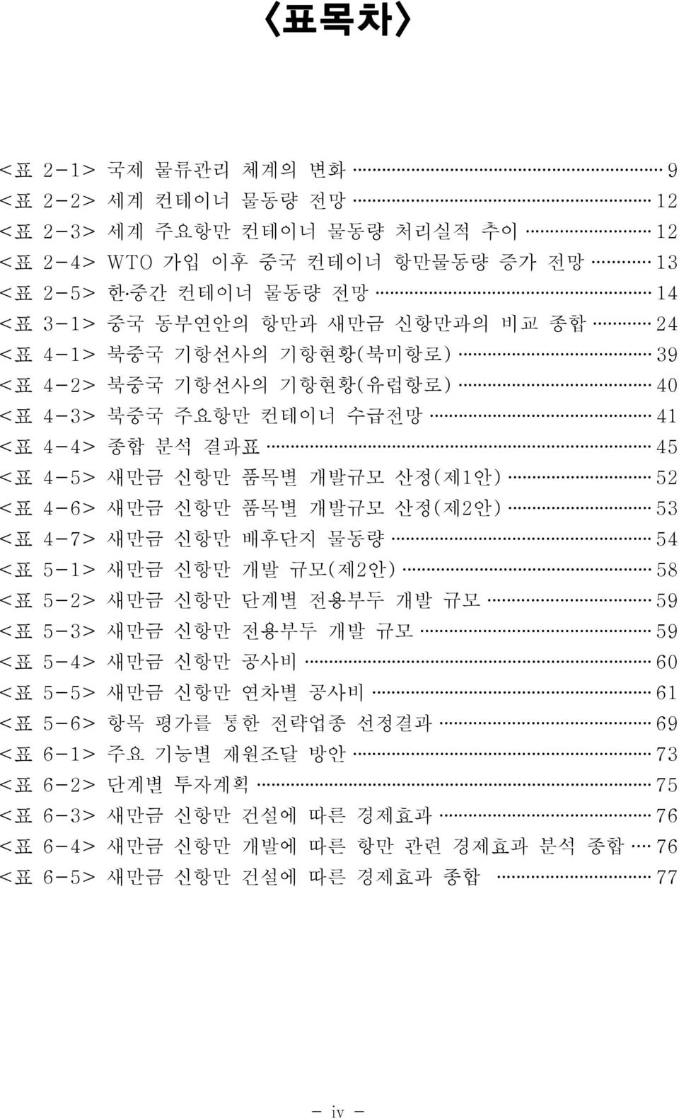 개발규모 산정(제2안) 53 <표 4-7> 새만금 신항만 배후단지 물동량 54 <표 5-1> 새만금 신항만 개발 규모(제2안) 58 <표 5-2> 새만금 신항만 단계별 전용부두 개발 규모 59 <표 5-3> 새만금 신항만 전용부두 개발 규모 59 <표 5-4> 새만금 신항만 공사비 60 <표 5-5> 새만금 신항만 연차별 공사비 61