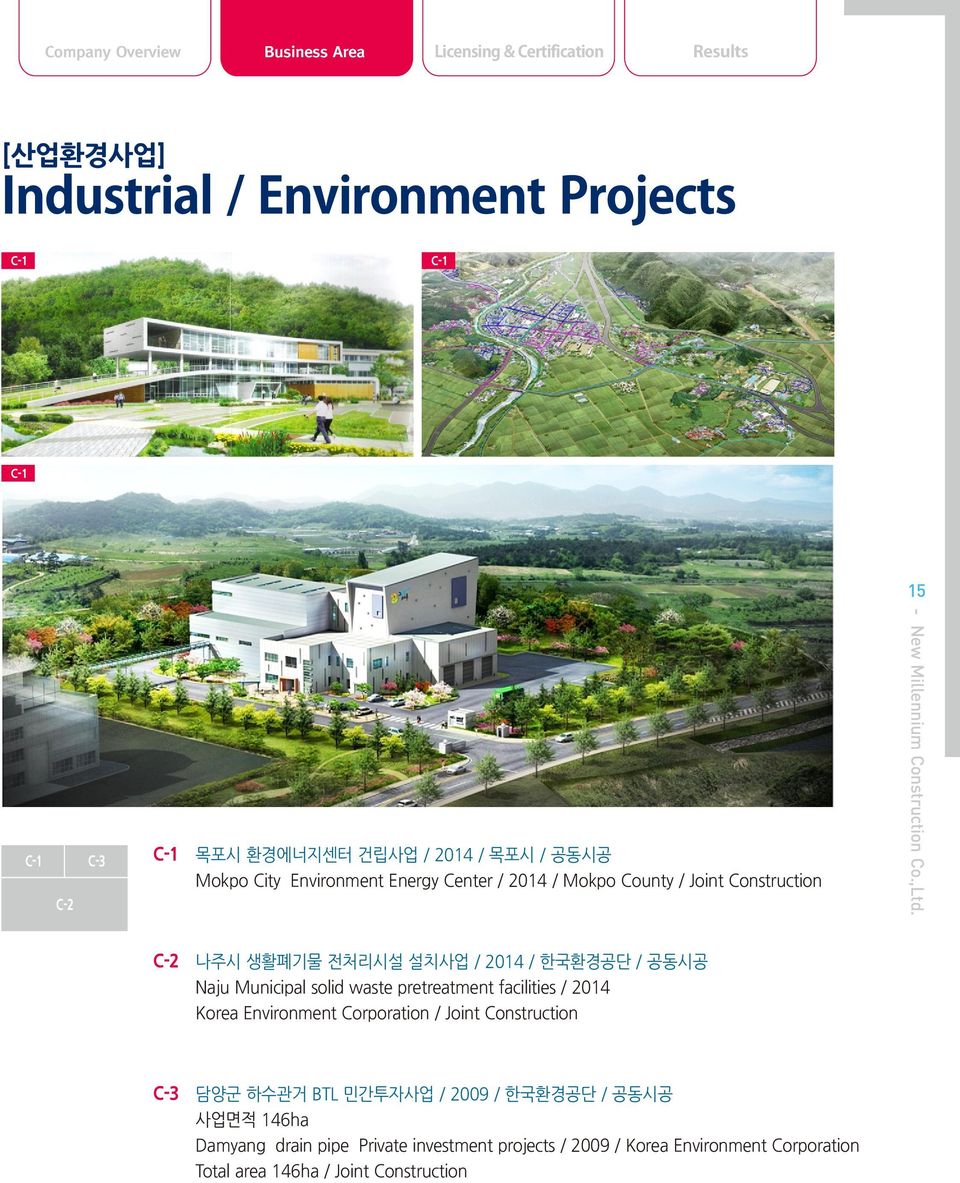 Municipal solid waste pretreatment facilities / 2014 Korea Environment Corporation / Joint Construction C-3 담양군 하수관거 BTL 민간투자사업 / 2009 /