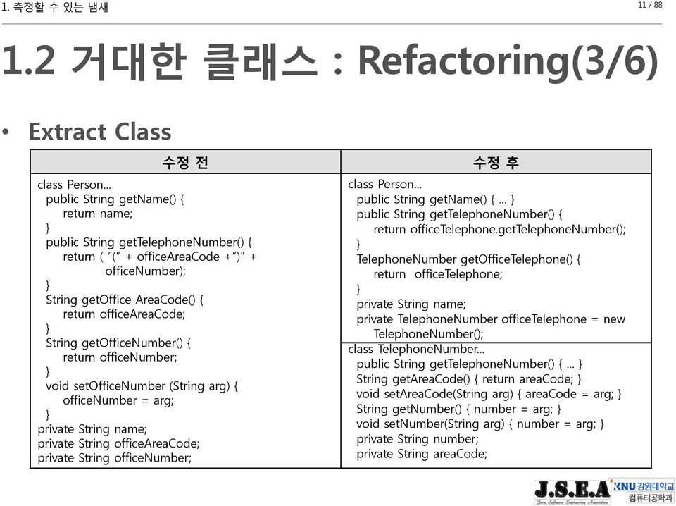 getofficenumber() { return officenumber; void setofficenumber (String arg) { officenumber = arg; private String name; private String officeareacode; private String officenumber; 수정 후 class Person.