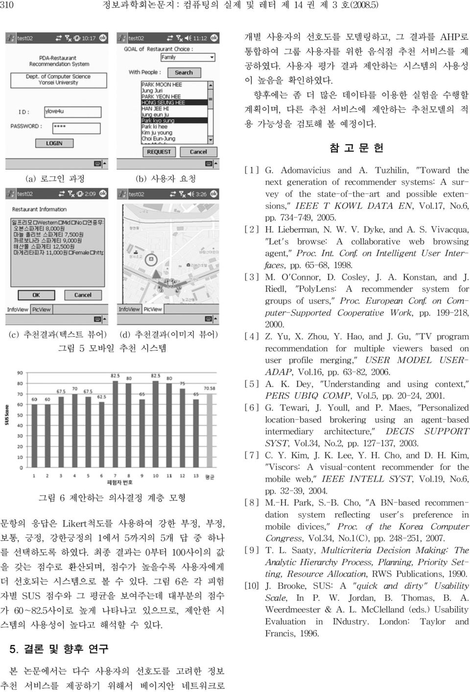 참 고 문 헌 (a) 로그인 과정 (b) 사용자 요청 (c) 추천결과(텍스트 뷰어) (d) 추천결과(이미지 뷰어) 그림 5 모바일 추천 시스템 그림 6 제안하는 의사결정 계층 모형 문항의 응답은 Likert척도를 사용하여 강한 부정, 부정, 보통, 긍정, 강한긍정의 1에서 5까지의 5개 답 중 하나 를 선택하도록 하였다.