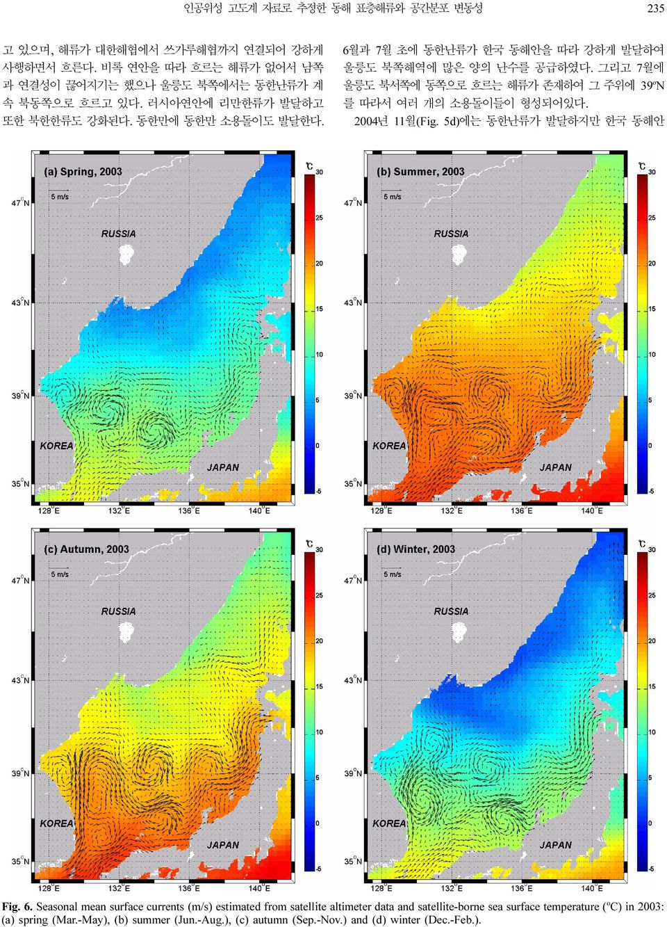 그리고 7월에 울릉도 북서쪽에 동쪽으로 흐르는 해류가 존재하여 그 주위에 39oN 를 따라서 여러 개의 소용돌이들이 형성되어있다. 2004년 11월(Fig. 5d)에는 동한난류가 발달하지만 한국 동해안 Fig. 6.