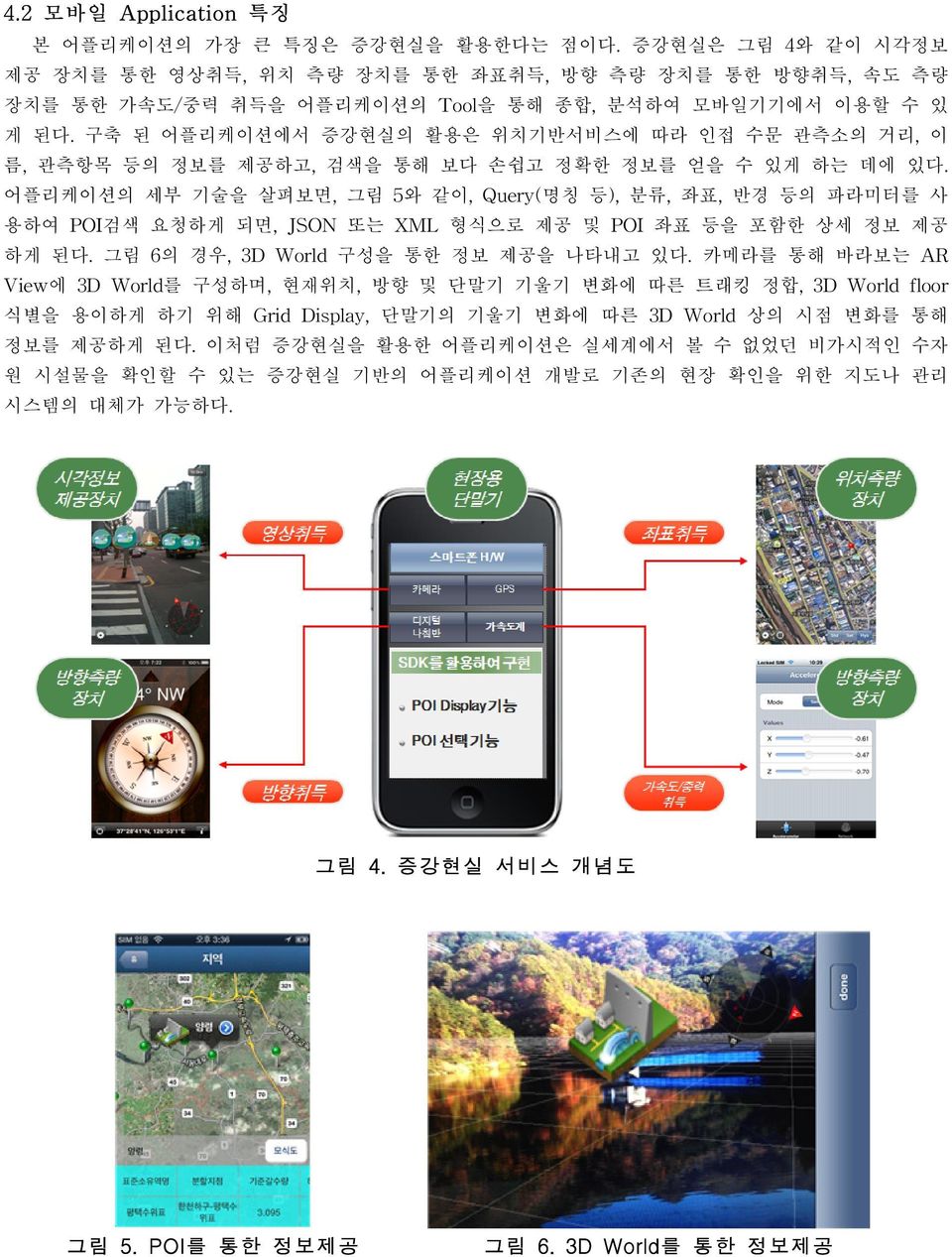 구축 된 어플리케이션에서 증강현실의 활용은 위치기반서비스에 따라 인접 수문 관측소의 거리, 이 름, 관측항목 등의 정보를 제공하고, 검색을 통해 보다 손쉽고 정확한 정보를 얻을 수 있게 하는 데에 있다.