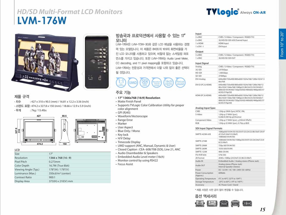 ) 350cd/m 2 (center) Cntrast Rati 900:1 373(H) x 210(V) mm 방송국과 프로덕션에서 사용할 수 있는 17" 모니터 LVM-176W은 LVM-173W-3G와 같은 패널을 사용하는 경쟁 력 있는 모델입니다.