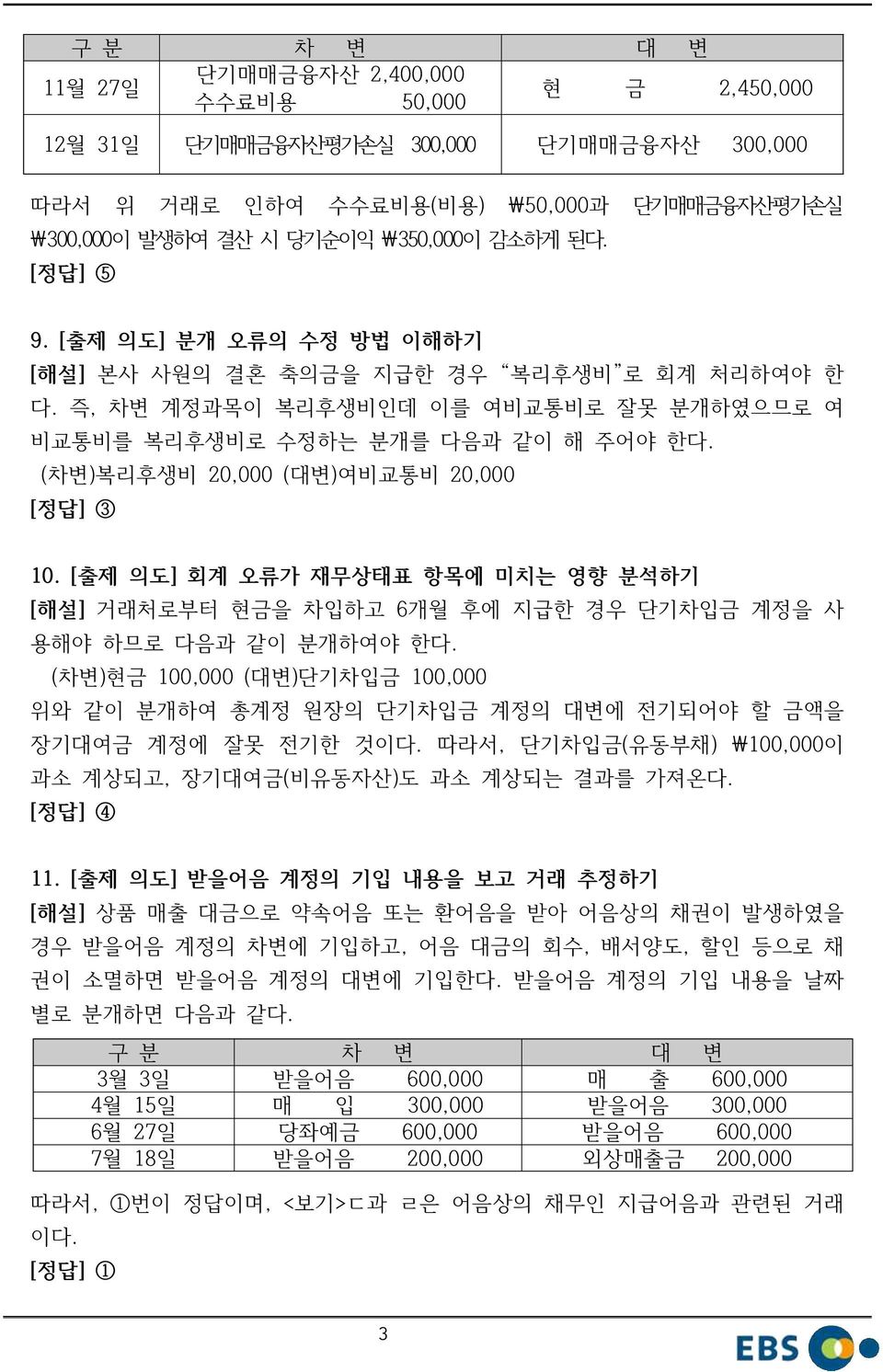 (차변)복리후생비 20,000 (대변)여비교통비 20,000 10. [출제 의도] 회계 오류가 재무상태표 항목에 미치는 영향 분석하기 [해설] 거래처로부터 현금을 차입하고 6개월 후에 지급한 경우 단기차입금 계정을 사 용해야 하므로 다음과 같이 분개하여야 한다.