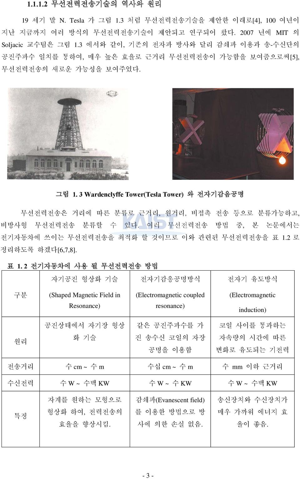 3 Wardenclyffe Tower(Tesla Tower) 와 전자기감음공명 무선전력전송은 거리에 따른 분류로 근거리, 원거리, 비접촉 전송 등으로 분류가능하고, 비방사형 무선전력전송 분류할 수 있다. 여러 무선전력전송 방법 중, 본 논문에서는 전기자동차에 쓰이는 무선전력전송을 최적화 할 것이므로 이와 관련된 무선전력전송을 표 1.