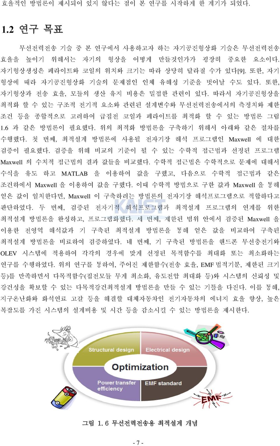 따라서 자기공진형상을 최적화 할 수 있는 구조적 전기적 요소와 관련된 설계변수와 무선전력전송에서의 측정치와 제한 조건 등을 종합적으로 고려하여 급집전 코일과 페라이트를 최적화 할 수 있는 방법론 그림 1.6 과 같은 방법론이 필요했다. 위의 최적화 방법론을 구축하기 위해서 아래와 같은 절차를 수행했다.