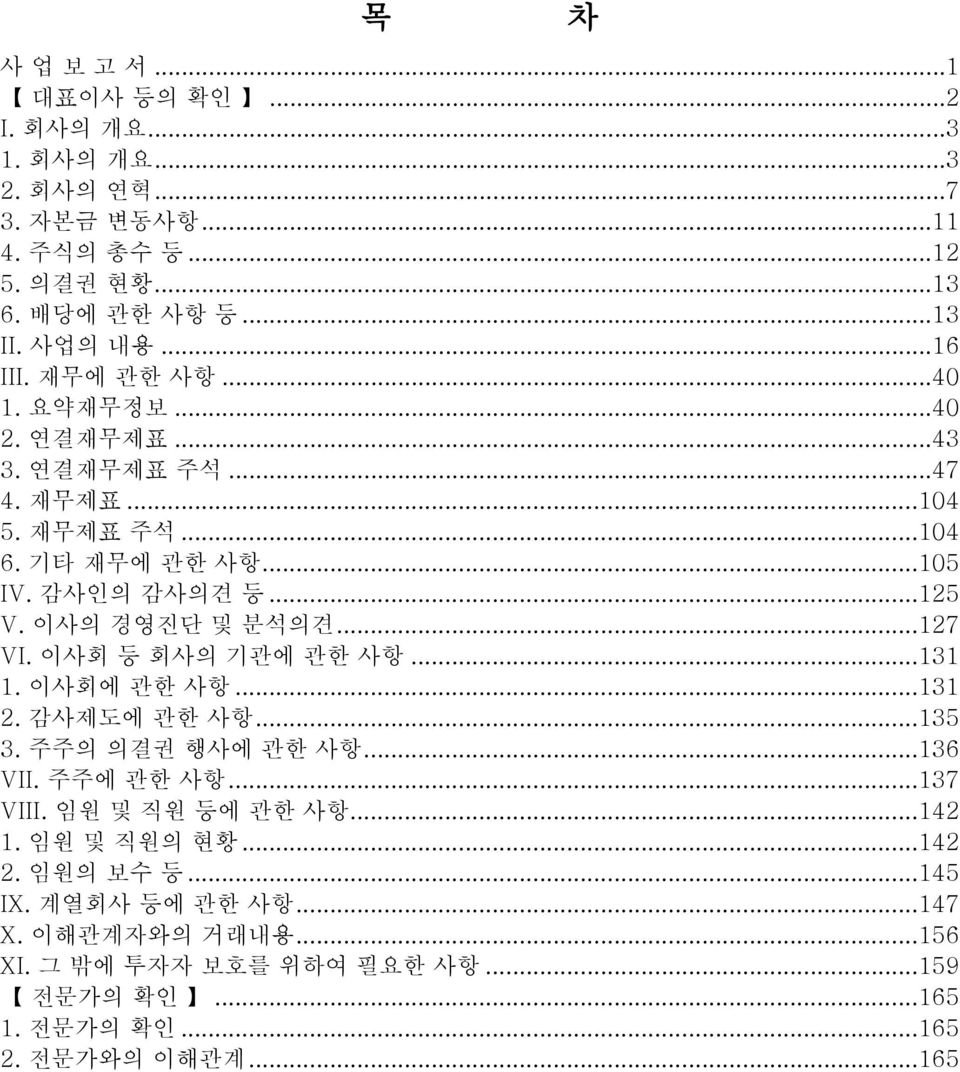 ..127 VI. 이사회 등 회사의 기관에 관한 사항...131 1. 이사회에 관한 사항...131 2. 감사제도에 관한 사항...135 3. 주주의 의결권 행사에 관한 사항...136 VII. 주주에 관한 사항...137 VIII. 임원 및 직원 등에 관한 사항...142 1.