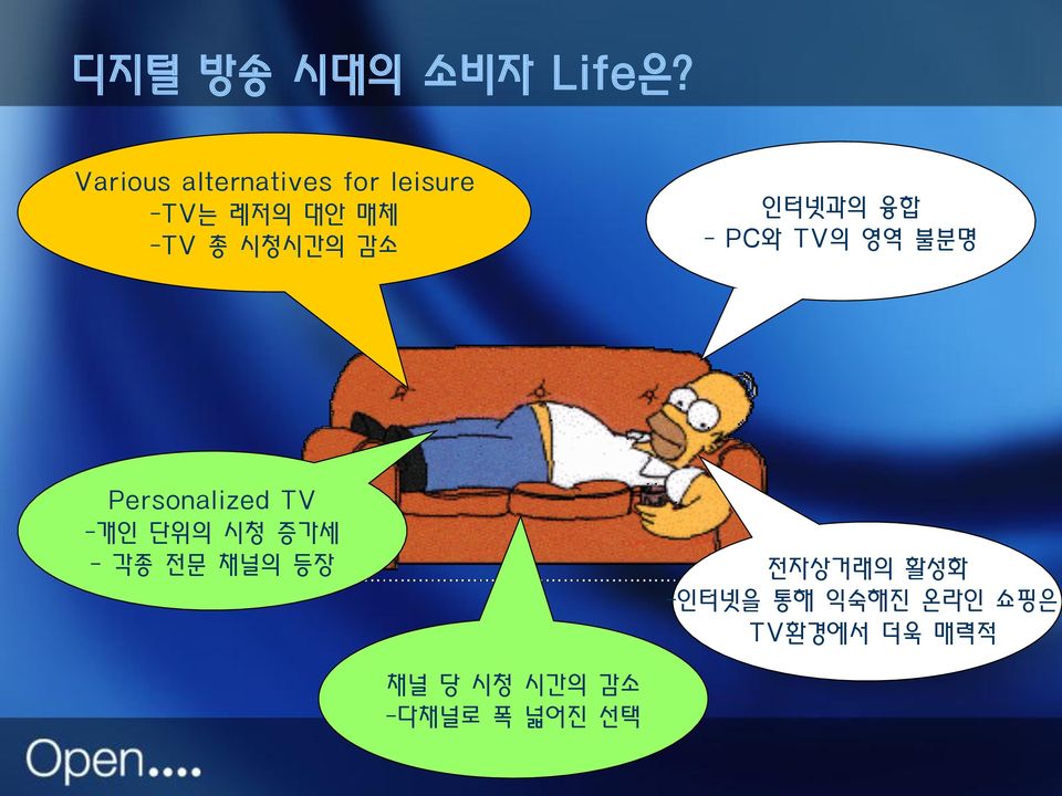 시청시간의 감소 인터넷과의 융합 - PC와 TV의 영역 불분명 Personalized TV -개인 단위의