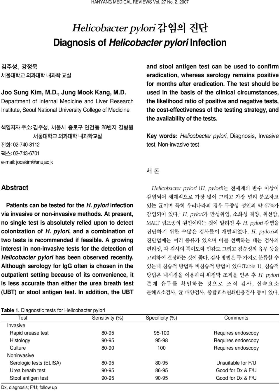 agnosis of Helicobacter pylori Infection 김주성, 강정묵 서울대학교 의과대학 내과학 교실 Joo Sung Kim, M.D.