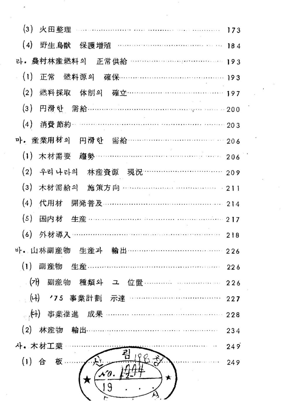 ..... 209 (3) 木 材 需 給 의 趙 策 方 I피 (4 ) 代 用 材 開 짧 普 及... ".......... 214 (5 ) 固 內 材 生 運..,... ~... ~ 217 (6) 外 材 導 入......,....... 218 바.