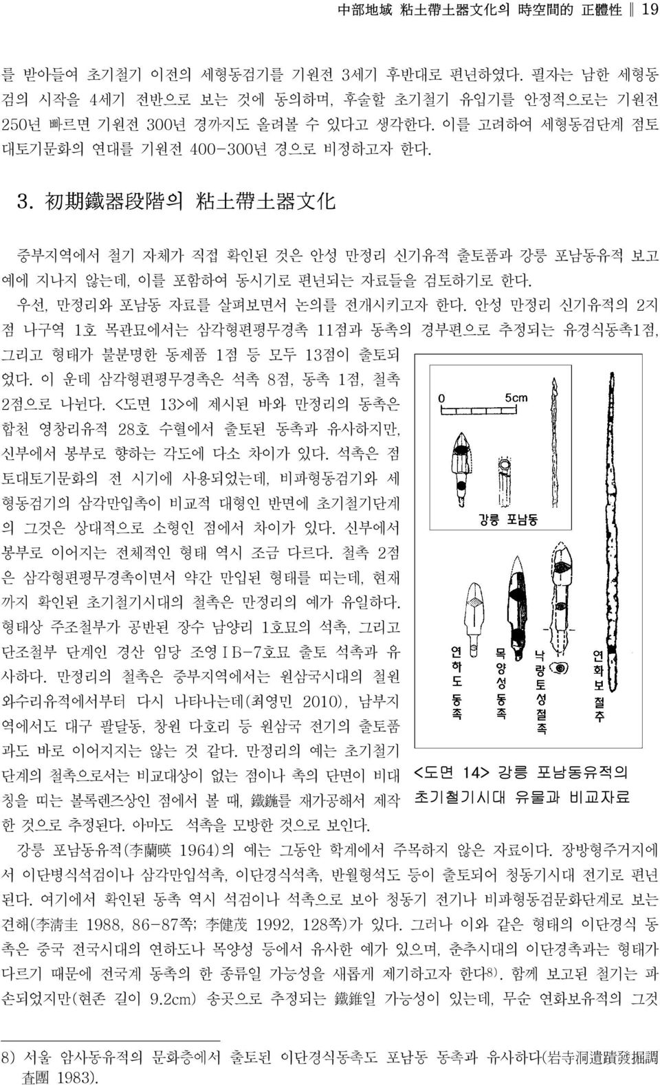 우선, 만정리와 포남동 자료를 살펴보면서 논의를 전개시키고자 한다. 안성 만정리 신기유적의 2지 점 나구역 1호 목관묘에서는 삼각형편평무경촉 11점과 동촉의 경부편으로 추정되는 유경식동촉1점, 그리고 형태가 불분명한 동제품 1점 등 모두 13점이 출토되 었다. 이 운데 삼각형편평무경촉은 석촉 8점, 동촉 1점, 철촉 2점으로 나뉜다.