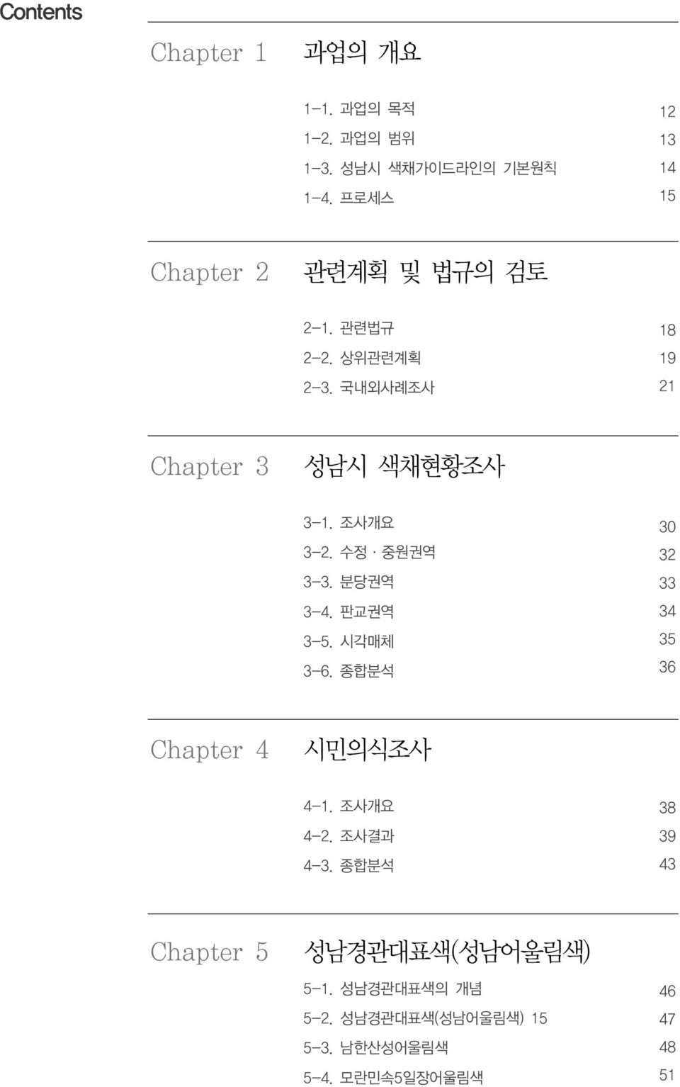 국내외사례조사 18 19 21 Chapter 3 성남시 색채현황조사 3-1. 조사개요 3-2. 수정 중원권역 3-3. 분당권역 3-4. 판교권역 3-5. 시각매체 3-6.