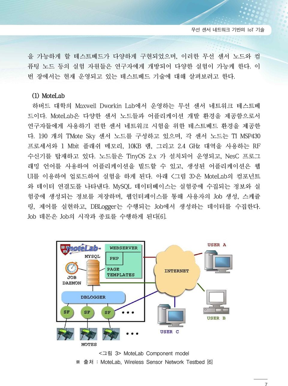 190 개의 TMote Sky 센서 노드를 구성하고 있으며, 각 센서 노드는 TI MSP430 프로세서와 1 Mbit 플래쉬 메모리, 10KB 램, 그리고 2.4 GHz 대역을 사용하는 RF 수신기를 탑재하고 있다. 노드들은 TinyOS 2.