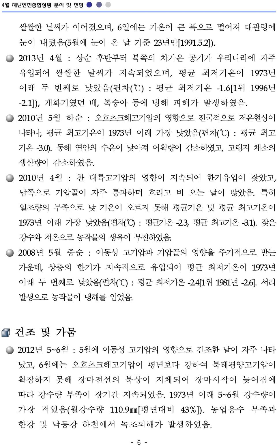 2010년 4월 : 찬 대륙고기압의 영향이 지속되어 한기유입이 잦았고, 남쪽으로 기압골이 자주 통과하며 흐리고 비 오는 날이 많았음. 특히 일조량의 부족으로 낮 기온이 오르지 못해 평균기온 및 평균 최고기온이 1973년 이래 가장 낮았음(편차( ) : 평균기온 -2.3, 평균 최고기온 -3.1). 잦은 강수와 저온으로 농작물의 생육이 부진하였음.