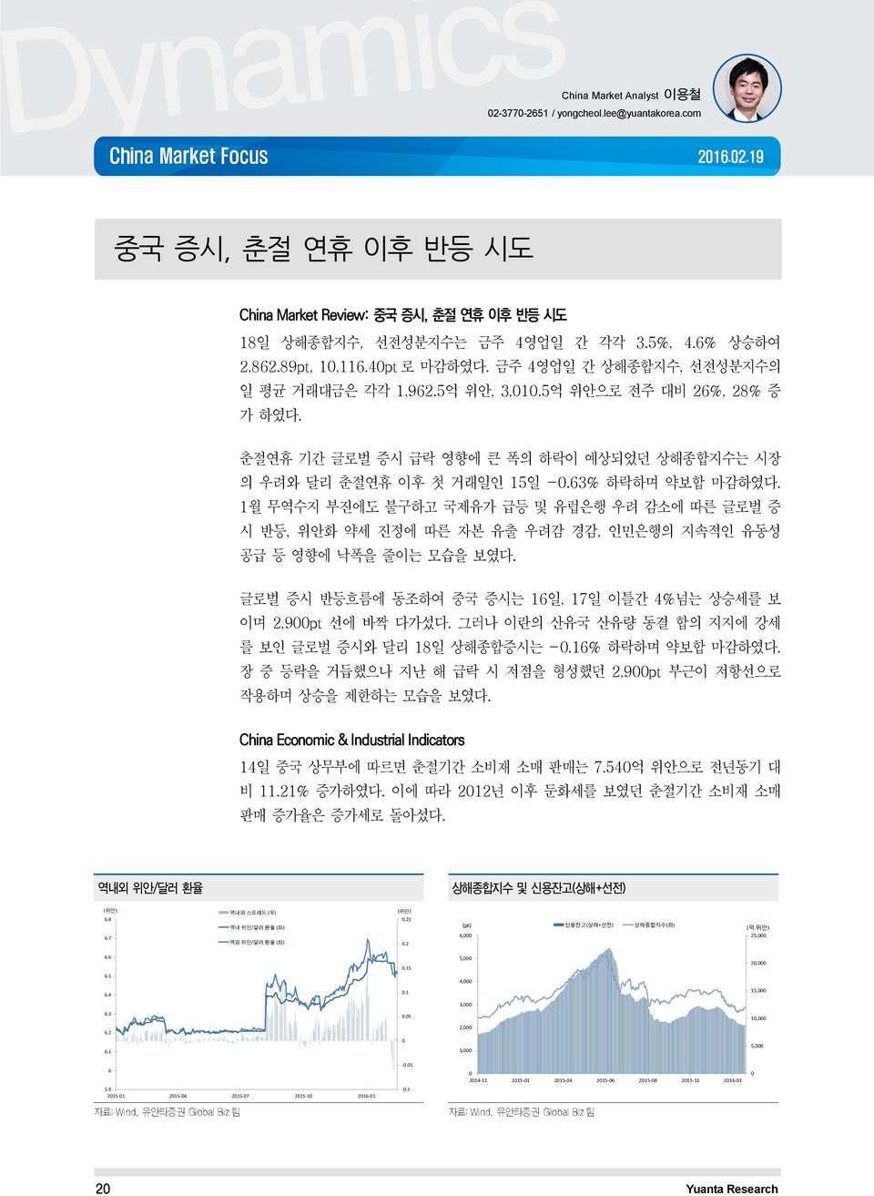 춘절연휴 기간 글로벌 증시 급락 영향에 큰 폭의 하락이 예상되었던 상해종합지수는 시장 의 우려와 달리 춘절연휴 이후 첫 거래일인 15일 -.63% 하락하며 약보합 마감하였다.