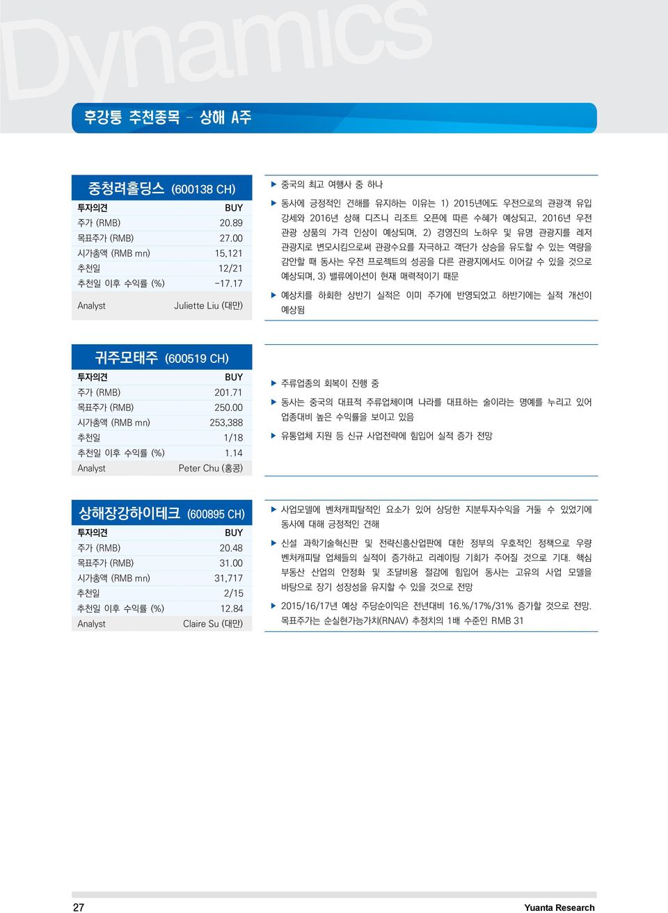 상승을 유도할 수 있는 역량을 감안할 때 동사는 우전 프로젝트의 성공을 다른 관광지에서도 이어갈 수 있을 것으로 예상되며, 3) 밸류에이션이 현재 매력적이기 때문 예상치를 하회한 상반기 실적은 이미 주가에 반영되었고 하반기에는 실적 개선이 예상됨 귀주모태주 (6519 CH) 주가 (RMB) 21.71 목표주가 (RMB) 25.