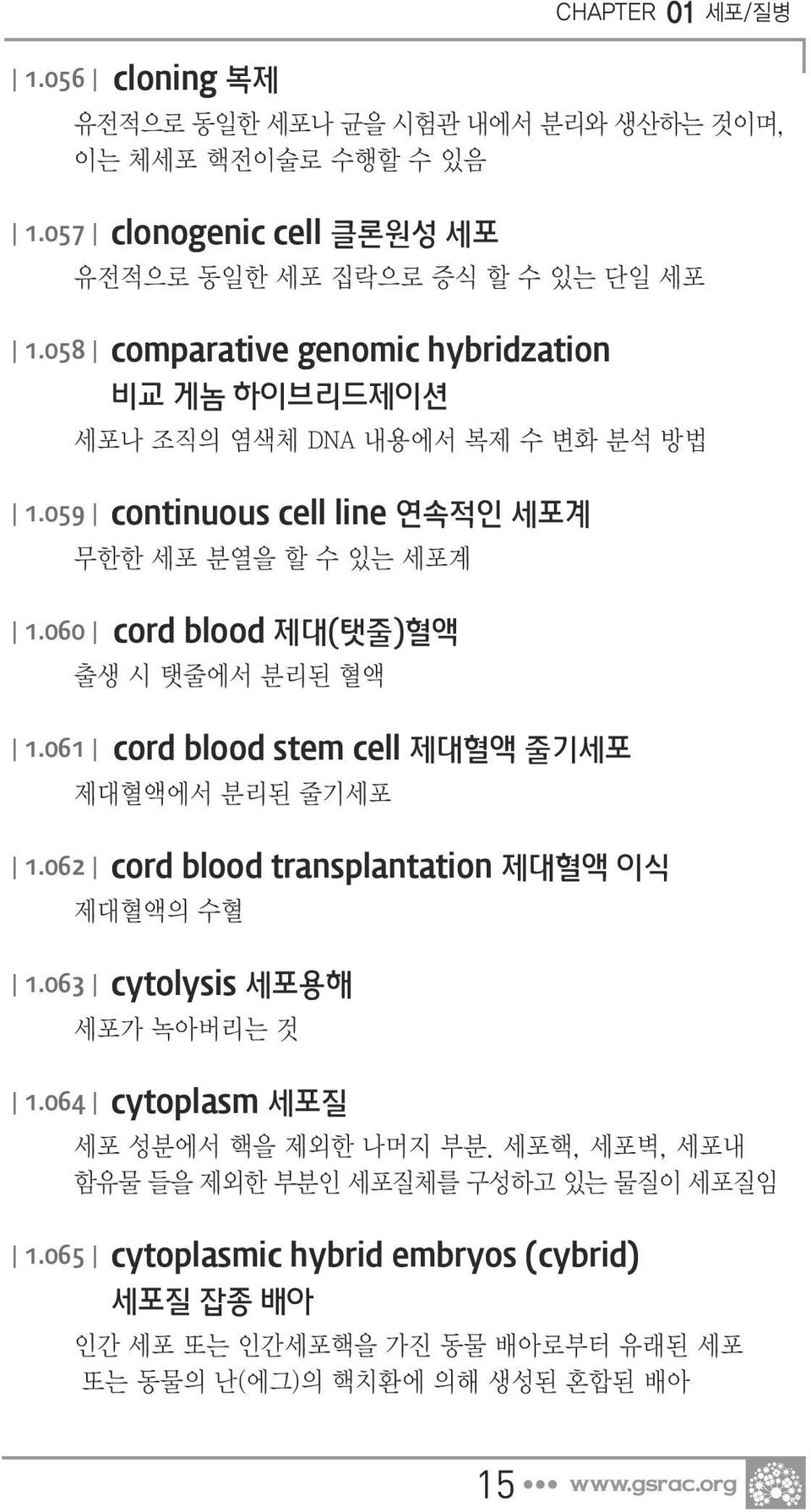 060 cord blood 제대(탯줄)혈액 출생 시 탯줄에서 분리된 혈액 1.061 cord blood stem cell 제대혈액 줄기세포 제대혈액에서 분리된 줄기세포 1.062 cord blood transplantation 제대혈액 이식 제대혈액의 수혈 1.063 cytolysis 세포용해 세포가 녹아버리는 것 1.