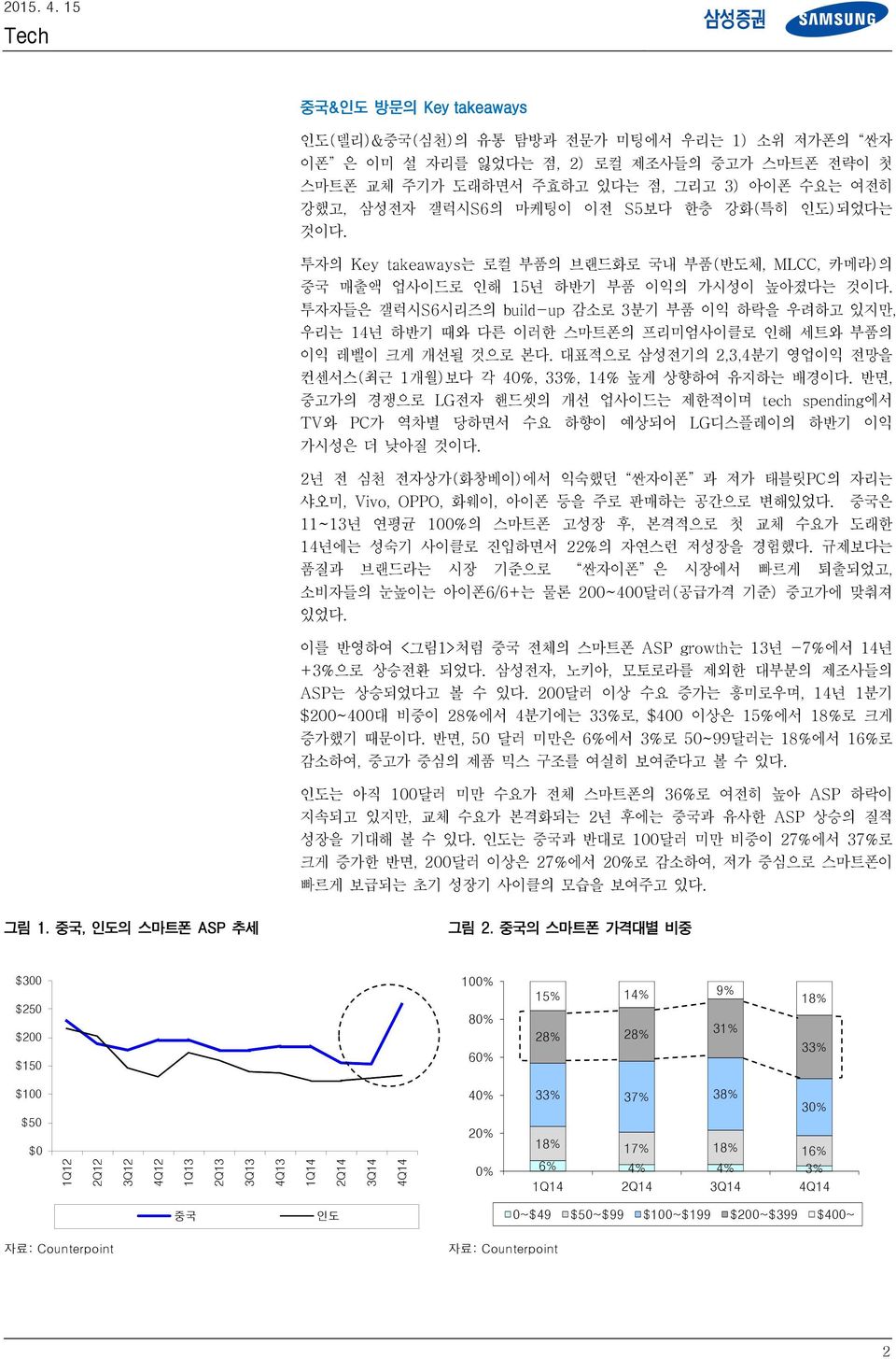 S5보다 한층 강화(특히 인도)되었다는 것이다. 투자의 Key takeaways는 로컬 부품의 브랜드화로 국내 부품(반도체, MLCC, 카메라)의 중국 매출액 업사이드로 인해 15년 하반기 부품 이익의 가시성이 높아졌다는 것이다.