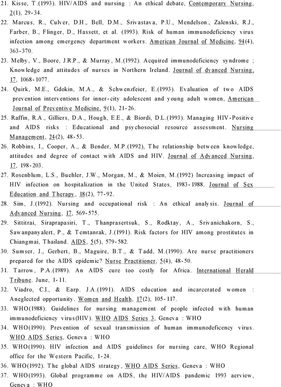 M elby, V., Boore, J.R.P., & Murray, M.(1992). A cquired immunodeficiency syndrom e ; Know ledg e and attitu des of nur ses in N orthern Ir eland. Journal of dv an ced Nur sing, 17, 1068-1077. 24.