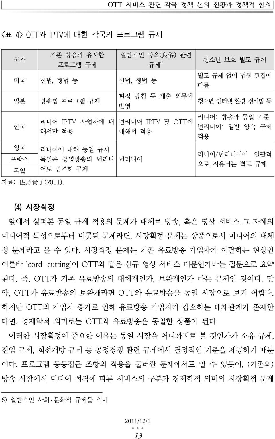 청소년 보호 별도 규제 별도 규제 없이 법원 판결에 따름 청소년 인터넷 환경 정비법 등 리니어: 방송과 동일 기준 넌리니어: 일반 양속 규제 적용 리니어/넌리니어에 일괄적 으로 적용되는 별도 규제 (4) 시장획정 앞에서 살펴본 동일 규제 적용의 문제가 대체로 방송, 혹은 영상 서비스 그 자체의 미디어적 특성으로부터 비롯된 문제라면, 시장획정 문제는