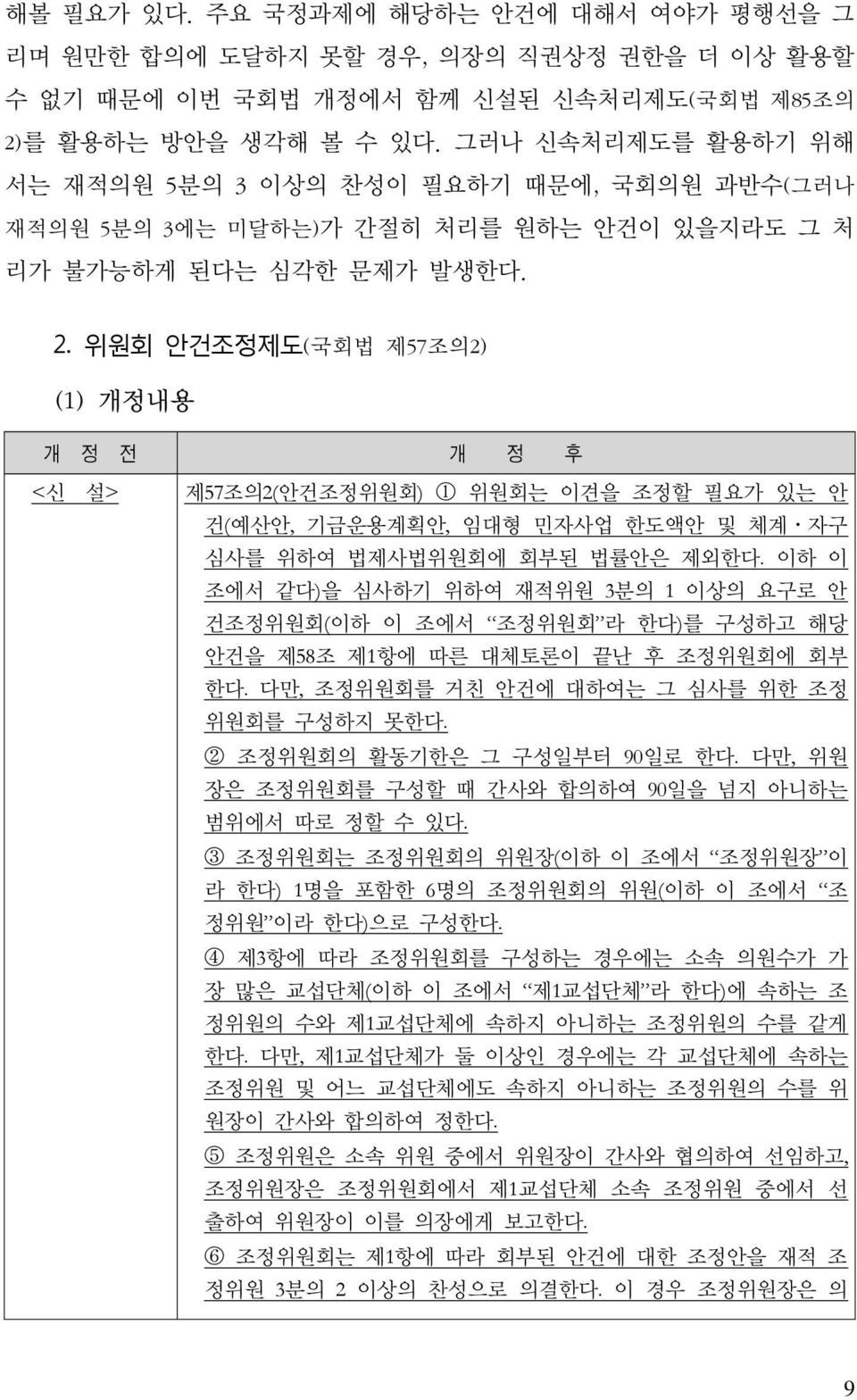 위원회 안건조정제도(국회법 제57조의2) (1) 개정내용 개 정 전 개 정 후 <신 설> 제57조의2(안건조정위원회) 1 위원회는 이견을 조정할 필요가 있는 안 건(예산안, 기금운용계획안, 임대형 민자사업 한도액안 및 체계 자구 심사를 위하여 법제사법위원회에 회부된 법률안은 제외한다.