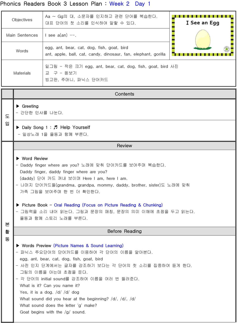 파닉스 단어카드 Contents 도 입 Greeting - 간단한 인사를 나눈다. Daily Song 1 : Help Yourself - 일상노래 1을 율동과 함께 부른다. Review Word Review - Daddy finger where are you? 노래에 맞춰 단어카드를 보여주며 복습한다.