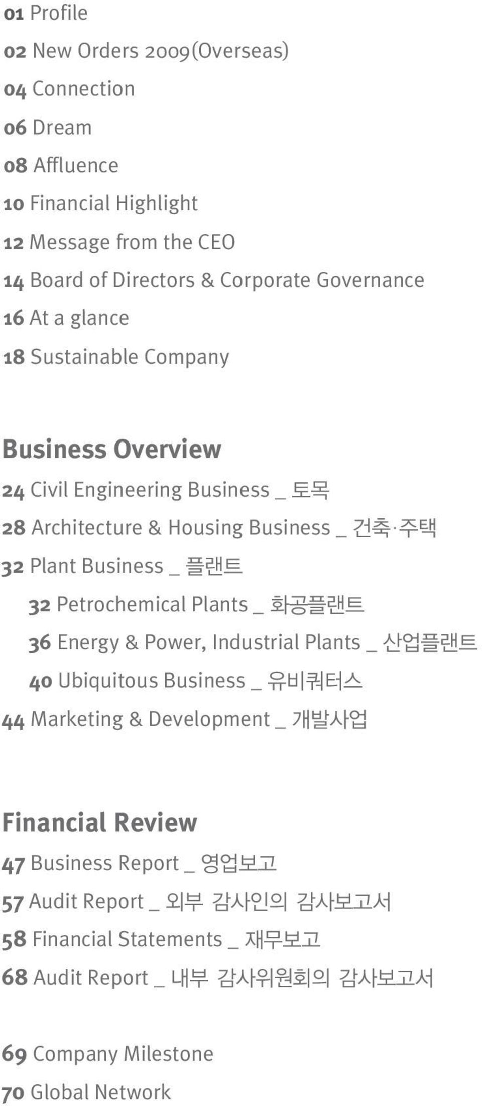 Housing Business _ 32 Plant Business _ 32 Petrochemical Plants _ 36 Energy & Power, Industrial Plants _ 40 Ubiquitous Business _ 44 Marketing