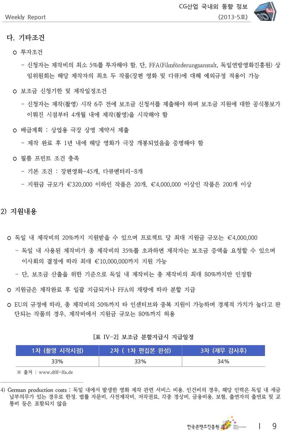 시작해야 함 배급계획 : 상업용 극장 상영 계약서 제출 - 제작 완료 후 1년 내에 해당 영화가 극장 개봉되었음을 증명해야 함 필름 프린트 조건 충족 - 기본 조건 : 장편영화-45 개, 다큐멘터리-8개 - 지원금 규모가 320,000 이하인 작품은 20 개, 4,000,000 이상인 작품은 200개 이상 2) 지원내용 독일 내 제작비의 20% 까지