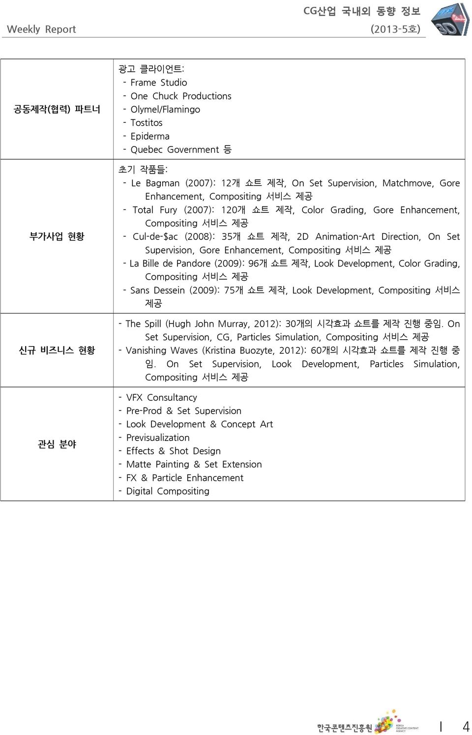 Animation-Art Direction, On Set Supervision, Gore Enhancement, Compositing 서비스 제공 - La Bille de Pandore (2009): 96 개 쇼트 제작, Look Development, Color Grading, Compositing 서비스 제공 - Sans Dessein (2009):