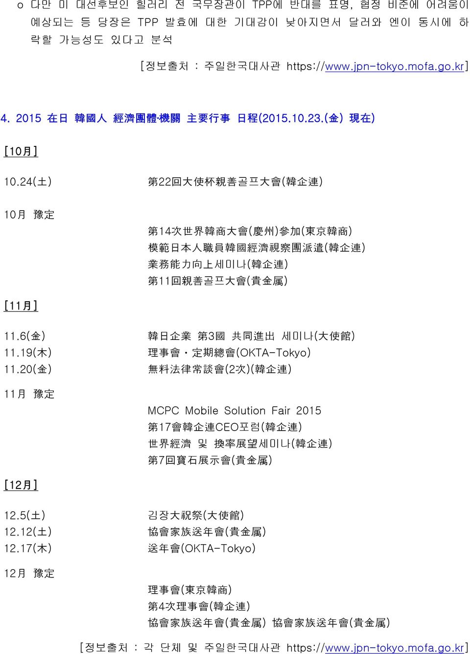 24( 土 ) 第 22 回 大 使 杯 親 善 골프 大 會 ( 韓 企 連 ) 10 月 豫 定 第 14 次 世 界 韓 商 大 會 ( 慶 州 ) 參 加 ( 東 京 韓 商 ) 模 範 日 本 人 職 員 韓 國 經 濟 視 察 團 派 遣 ( 韓 企 連 ) 業 務 能 力 向 上 세미나( 韓 企 連 ) 第 11 回 親 善 골프 大 會 ( 貴 金 属 ) [11 月 ] 11.