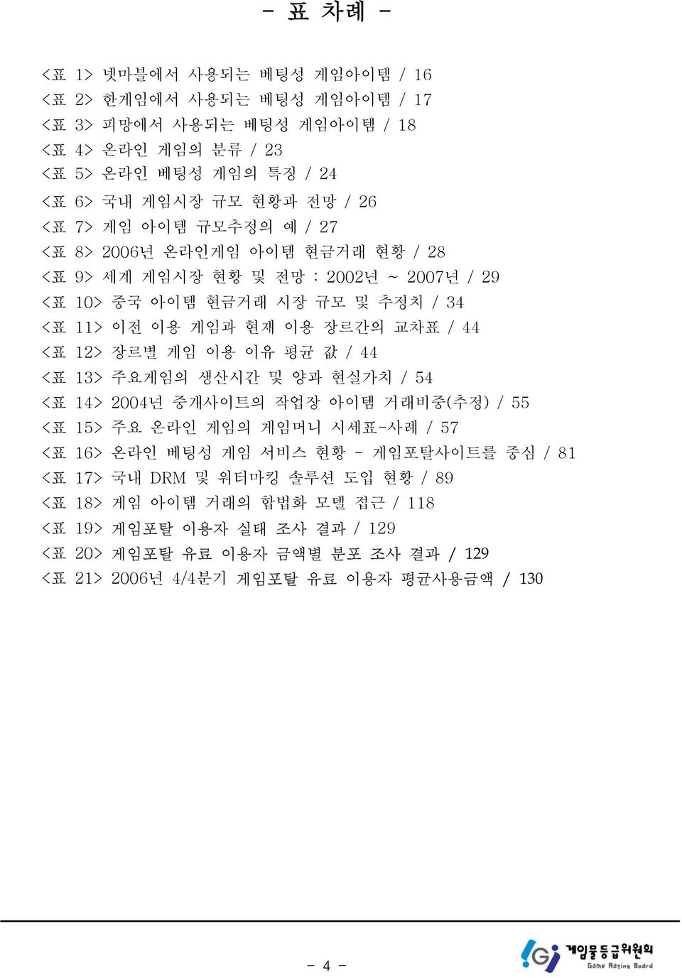 11> 이전 이용 게임과 현재 이용 장르간의 교차표 / 44 <표 12> 장르별 게임 이용 이유 평균 값 / 44 <표 13> 주요게임의 생산시간 및 양과 현실가치 / 54 <표 14> 2004년 중개사이트의 작업장 아이템 거래비중(추정) / 55 <표 15> 주요 온라인 게임의 게임머니