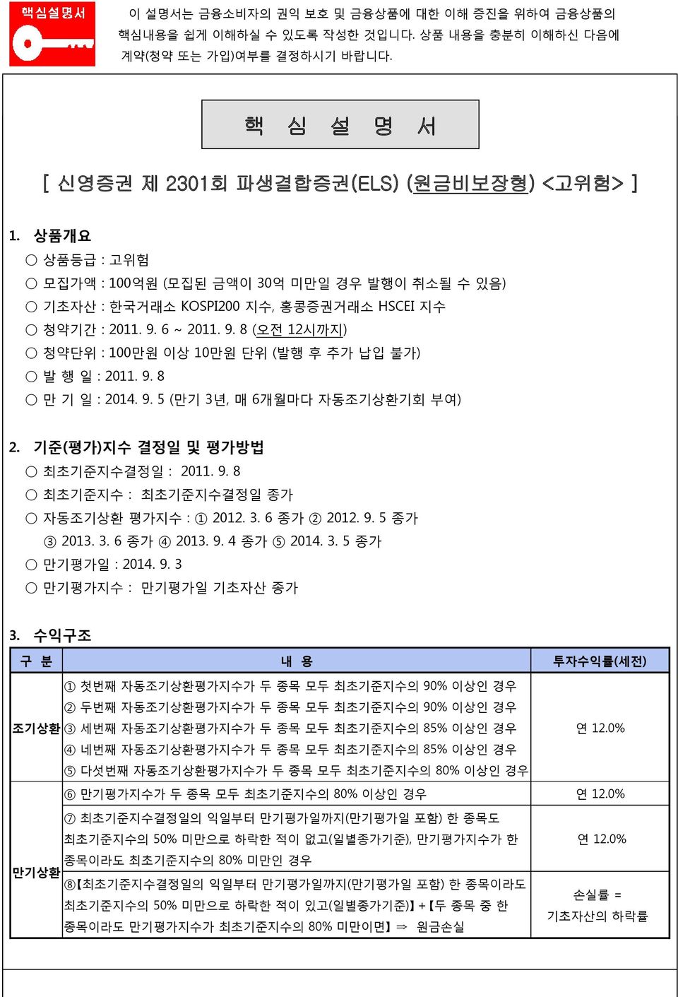 9. 8 만 기 읷 : 2014. 9. 5 (만기 3년, 매 6개월마다 자동조기상환기회 부여) 2. 기준(평가)지수 결정읷 및 평가방법 최초기준지수결정읷 : 2011. 9. 8 최초기준지수 : 최초기준지수결정읷 종가 자동조기상환 평가지수 : 1 2012. 3. 6 종가 2 2012. 9. 5 종가 3 2013. 3. 6 종가 4 2013. 9. 4 종가 5 2014.