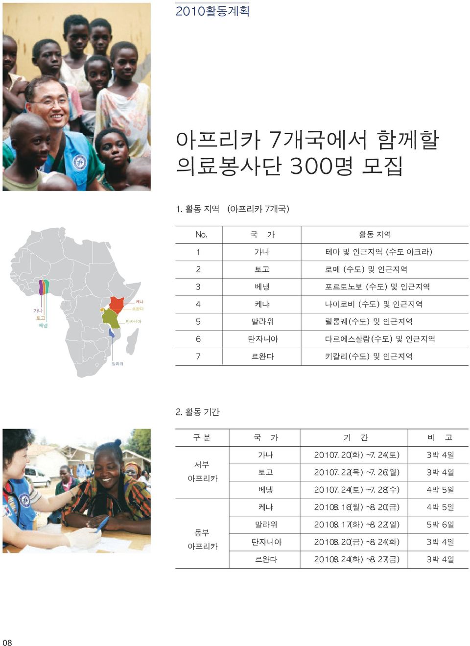 인근지역 6 탄자니아 다르에스살람(수도) 및 인근지역 말라위 7 르완다 키칼리(수도) 및 인근지역 2. 활동 기간 구 분 국 가 기 간 비 고 서부 아프리카 가나 토고 베냉 2010. 7. 20(화) ~ 7. 24(토) 2010. 7. 22(목) ~ 7.