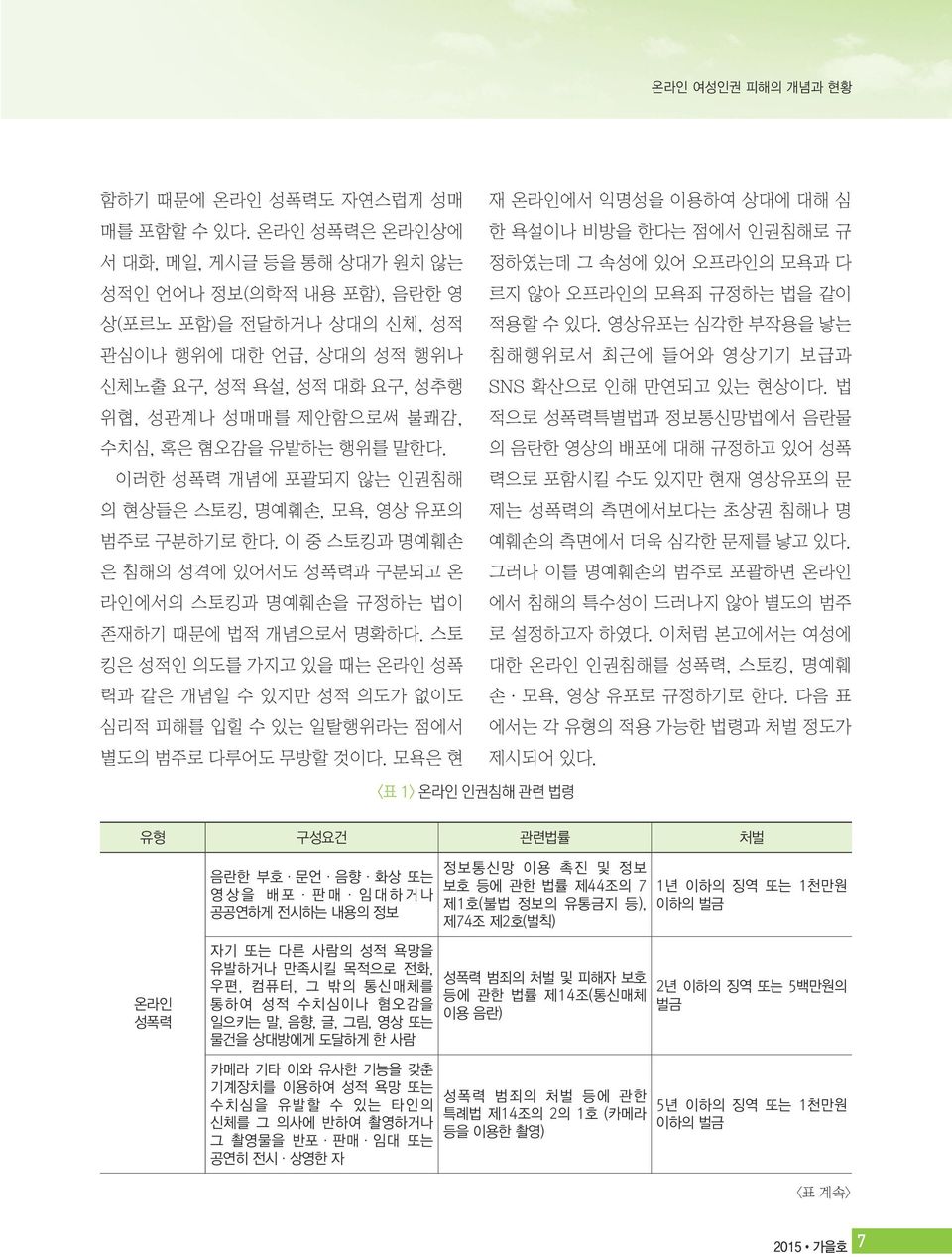 유발하는 행위를 말한다. 이러한 성폭력 개념에 포괄되지 않는 인권침해 의 현상들은 스토킹, 명예훼손, 모욕, 영상 유포의 범주로 구분하기로 한다. 이 중 스토킹과 명예훼손 은 침해의 성격에 있어서도 성폭력과 구분되고 온 라인에서의 스토킹과 명예훼손을 규정하는 법이 존재하기 때문에 법적 개념으로서 명확하다.