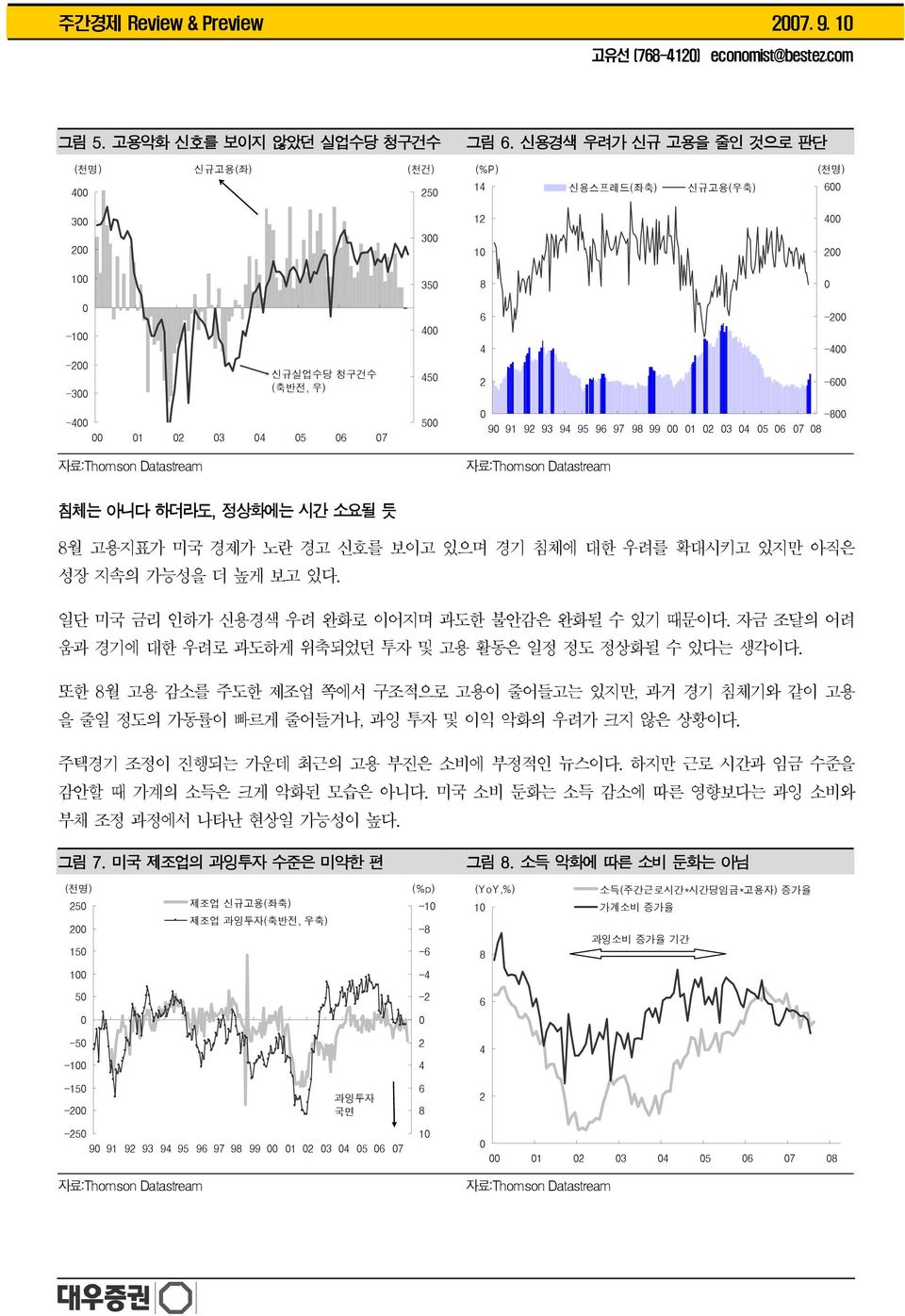 94 95 96 97 98 99 1 2 3 4 5 6 7 8 자료:Thomson Datastream -2-4 -6 침체는 아니다 하더라도, 정상화에는 시간 소요될 듯 8월 고용지표가 미국 경제가 노란 경고 신호를 보이고 있으며 경기 침체에 대한 우려를 확대시키고 있지만 아직은 성장 지속의 가능성을 더 높게 보고 있다.