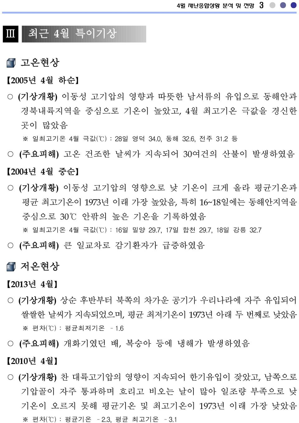 16일 밀양 29.7, 17일 합천 29.7, 18일 강릉 32.7 (주요피해) 큰 일교차로 감기환자가 급증하였음 저온현상 2013년 4월 (기상개황) 상순 후반부터 북쪽의 차가운 공기가 우리나라에 자주 유입되어 쌀쌀한 날씨가 지속되었으며, 평균 최저기온이 1973년 아래 두 번째로 낮았음 편차( ) : 평균최저기온 1.