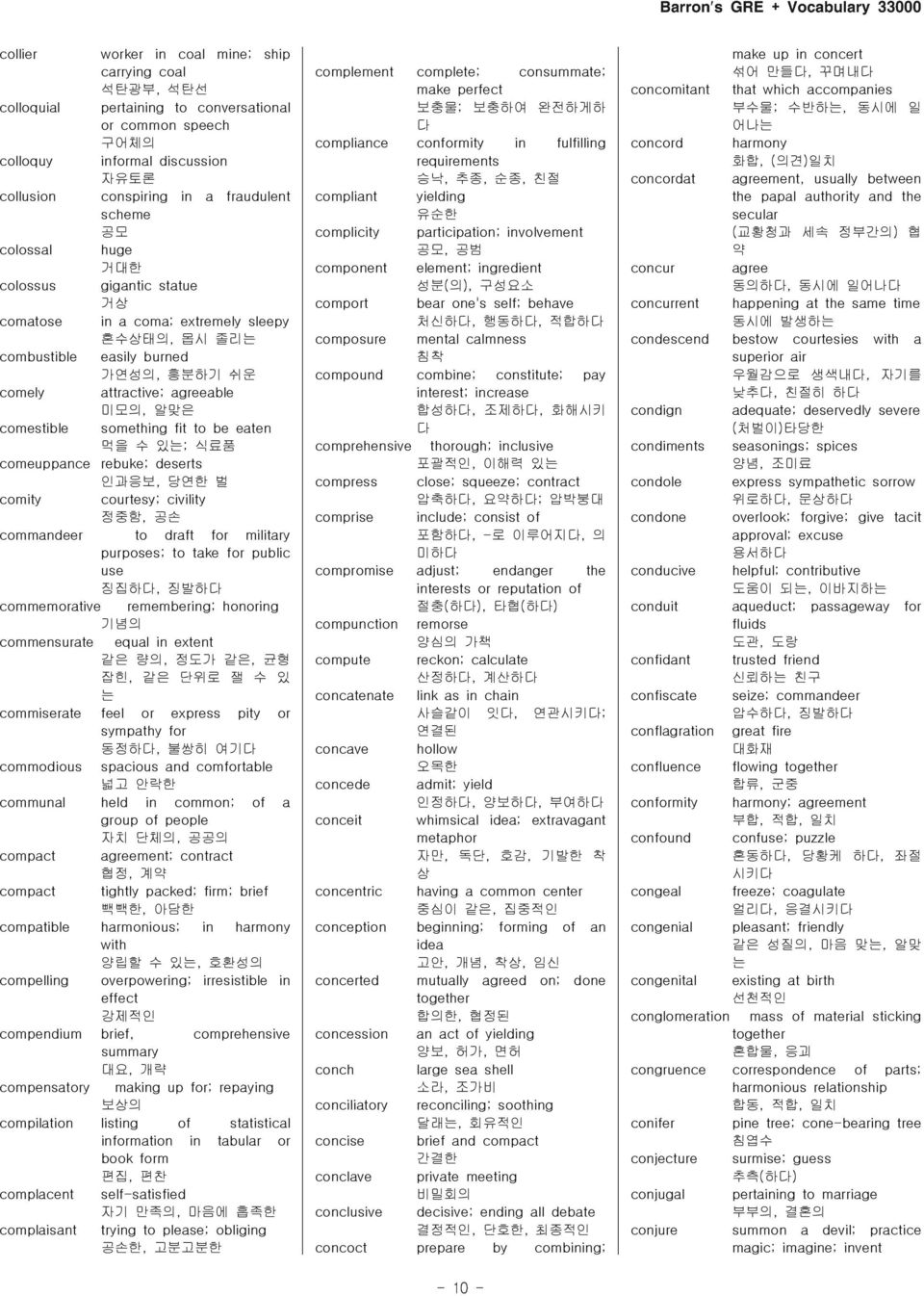 fit to be eaten 먹을 수 있는; 식료품 comeuppance rebuke; deserts 인과응보, 당연한 벌 comity courtesy; civility 정중함, 공손 commandeer to draft for military purposes; to take for public use 징집하, 징발하 commemorative