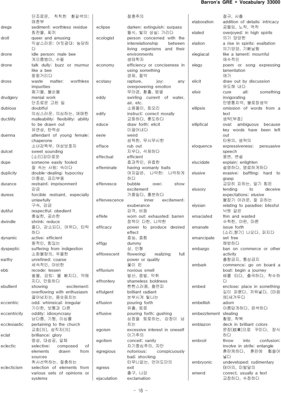 young female; chaperone 소녀감독부, 여성보호자 dulcet sweet sounding ( 소리) 감미로운 dupe someone easily fooled 잘 속는 사람; 속이 duplicity double-dealing; hypocrisy 이중성, 표리부동 durance restraint; imprisonment 감금 duress