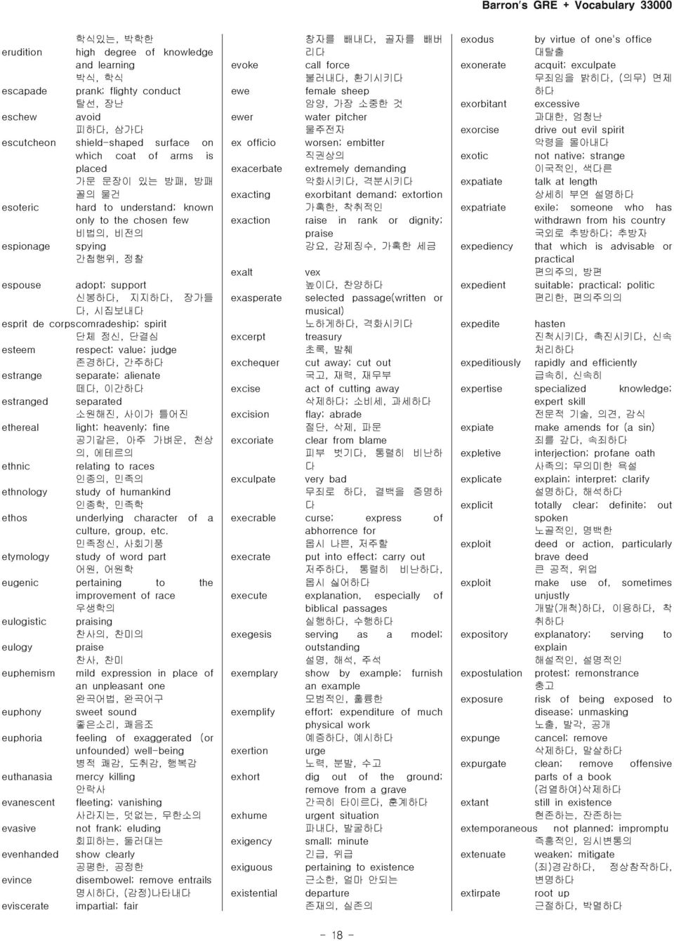 esteem respect; value; judge 존경하, 간주하 estrange separate; alienate 떼, 이간하 estranged separated 소원해진, 사이가 틀어진 ethereal light; heavenly; fine 공기같은, 아주 가벼운, 천상 의, 에테르의 ethnic relating to races 인종의, 민족의