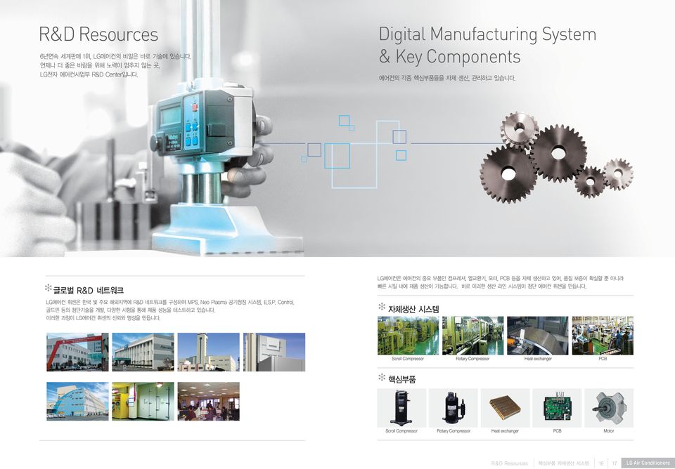 이러한 과정이 LG에어컨 휘센의 신뢰와 명성을 만듭니다. Digital Manufacturing System & Key Components 에어컨의 각종 핵심부품들을 자체 생산, 관리하고 있습니다.