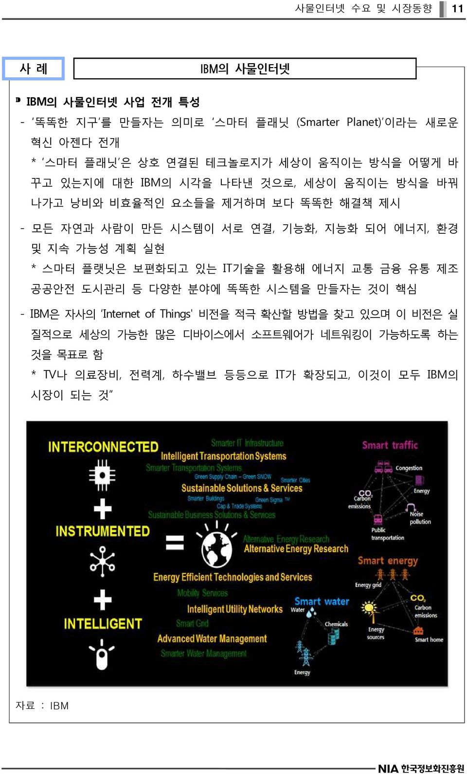 에너지, 환경 및 지속 가능성 계획 실현 * 스마터 플랫닛은 보편화되고 있는 IT기술을 활용해 에너지 교통 금융 유통 제조 공공안전 도시관리 등 다양한 분야에 똑똑한 시스템을 만들자는 것이 핵심 - IBM은 자사의 Internet of Things' 비전을