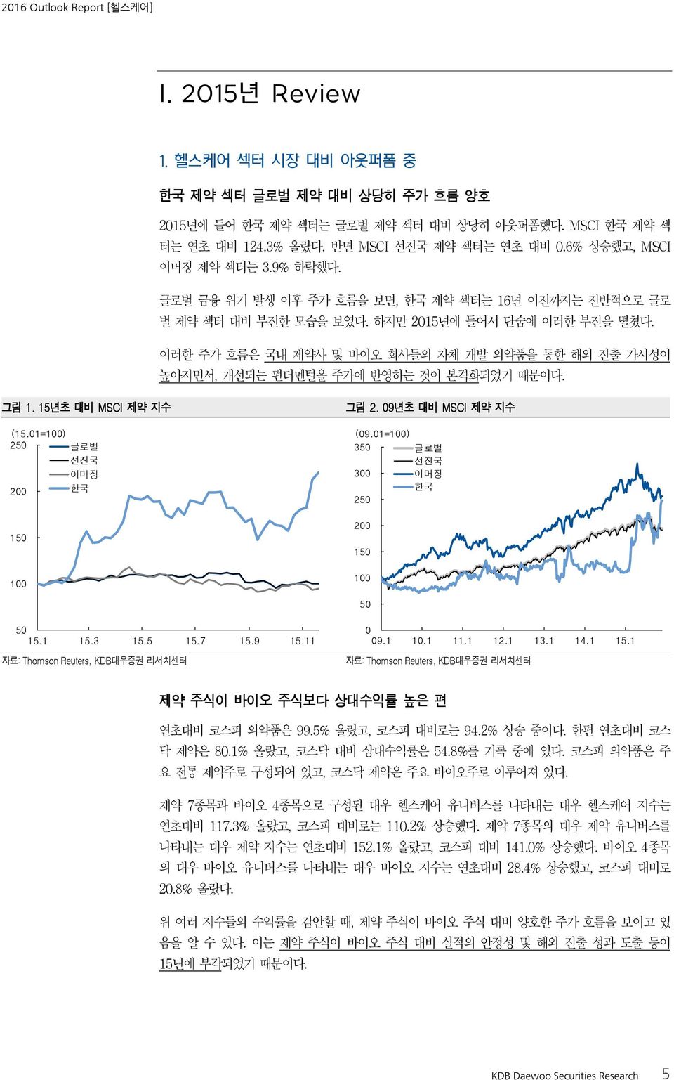 이러한 주가 흐름은 국내 제약사 및 바이오 회사들의 자체 개발 의약품을 통한 해외 진출 가시성이 높아지면서, 개선되는 펀더멘털을 주가에 반영하는 것이 본격화되었기 때문이다. 그림 1. 15년초 대비 MSCI 제약 지수 (15.1=1) 25 글로벌 선진국 이머징 2 한국 15 1 그림 2. 9년초 대비 MSCI 제약 지수 (9.