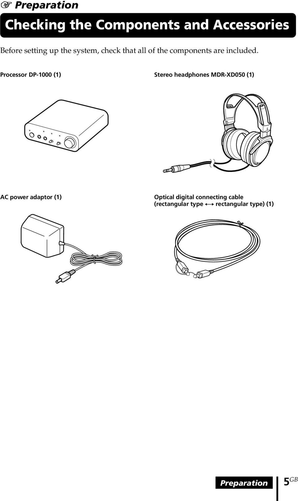 Processor DP-1000 (1) Stereo headphones MDR-XD050 (1) AC power adaptor (1)
