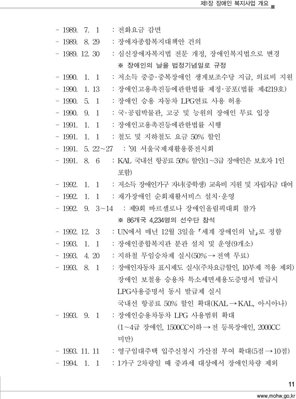 6 : KAL 국내선 항공료 50% 할인(1 3급 애인은 보호자 1인 포함) - 1992. 1. 1 : 저소득 애인가구 자녀(중학생) 교육비 지원 및 자립자금 대여 - 1992. 1. 1 : 재가애인 순회재활서비스 설치 운영 - 1992. 9. 3 14 : 제9회 바르셀로나 애인올림픽대회 참가 86개국 4,234명 선수단 참석 - 1992. 12.