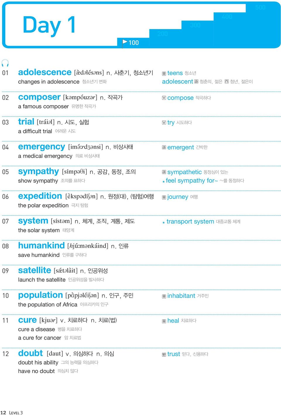 비상사태 a emergent 긴박한 a medical emergency 의료 비상사태 05 sympathy [s mp i] n. 공감, 동정, 조의 a sympathetic 동정심이 있는 show sympathy 조의를 표하다 feel sympathy for~ ~를 동정하다 06 expedition [ ksp d n] n.