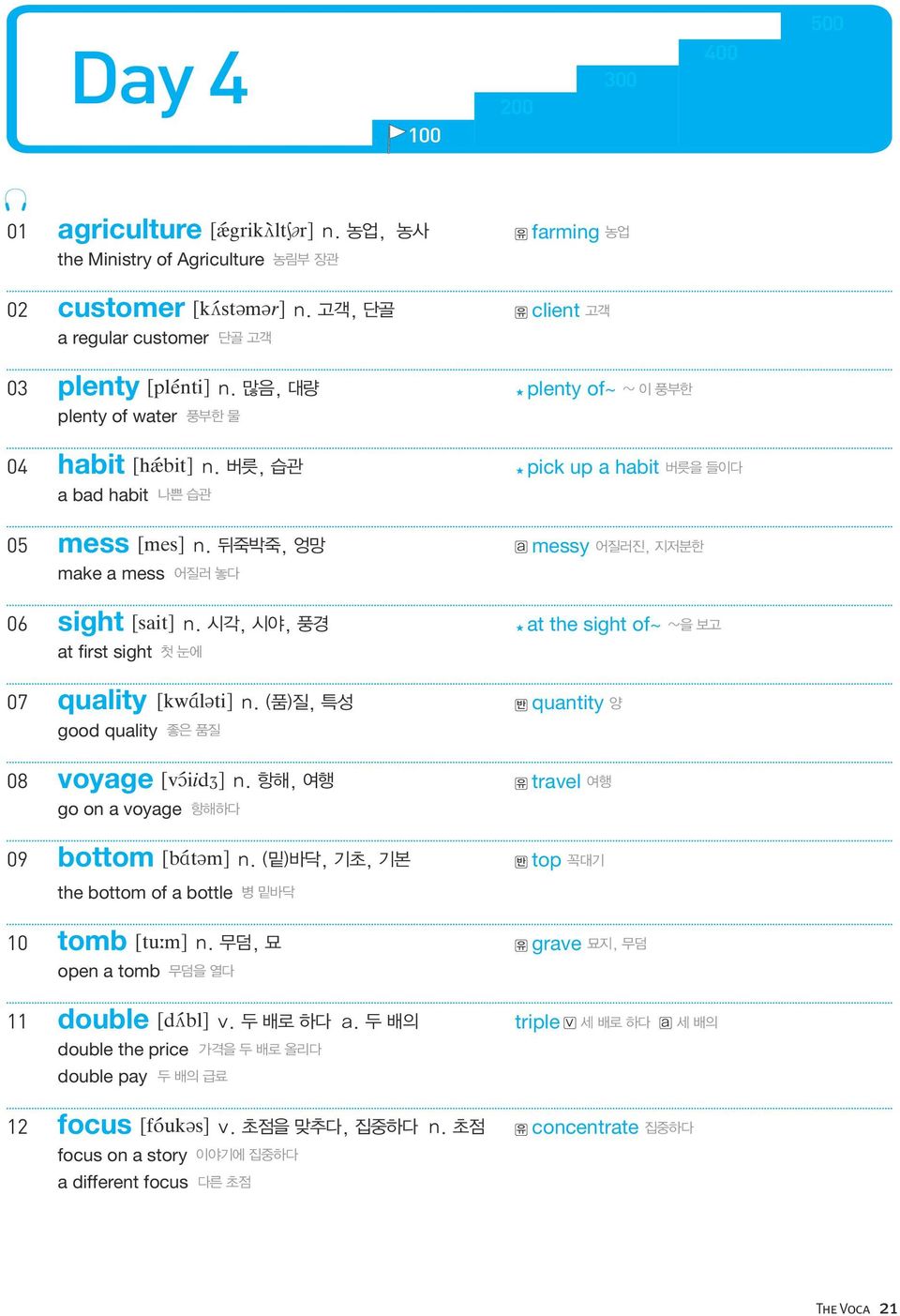 뒤죽박죽, 엉망 a messy 어질러진, 지저분한 make a mess 어질러 놓다 06 sight [sait] n. 시각, 시야, 풍경 at the sight of~ ~을 보고 at first sight 첫 눈에 07 quality [kw l ti] n.