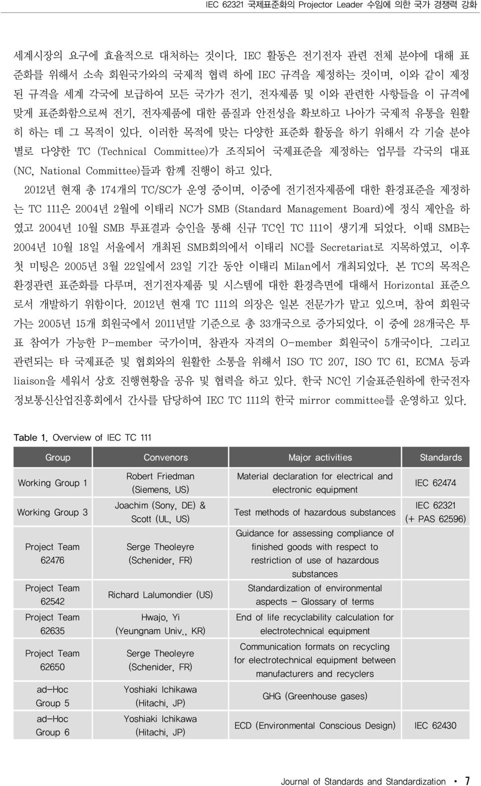 목적이 있다. 이러한 목적에 맞는 다양한 표준화 활동을 하기 위해서 각 기술 분야 별로 다양한 TC (Technical Committee) 가 조직되어 국제표준을 제정하는 업무를 각국의 대표 (NC, National Committee) 들과 함께 진행이 하고 있다.