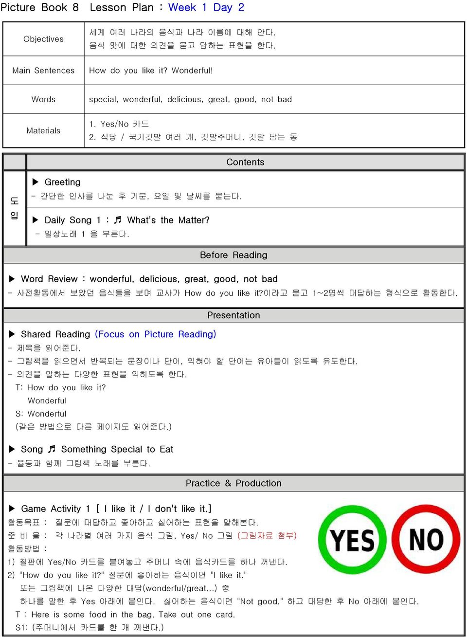 Daily Song 1 : What's the Matter? - 일상노래 1 을 부른다. Before Reading Word Review : wonderful, delicious, great, good, not bad - 사전활동에서 보았던 음식들을 보며 교사가 How do you like it?이라고 묻고 1~2명씩 대답하는 형식으로 활동한다.