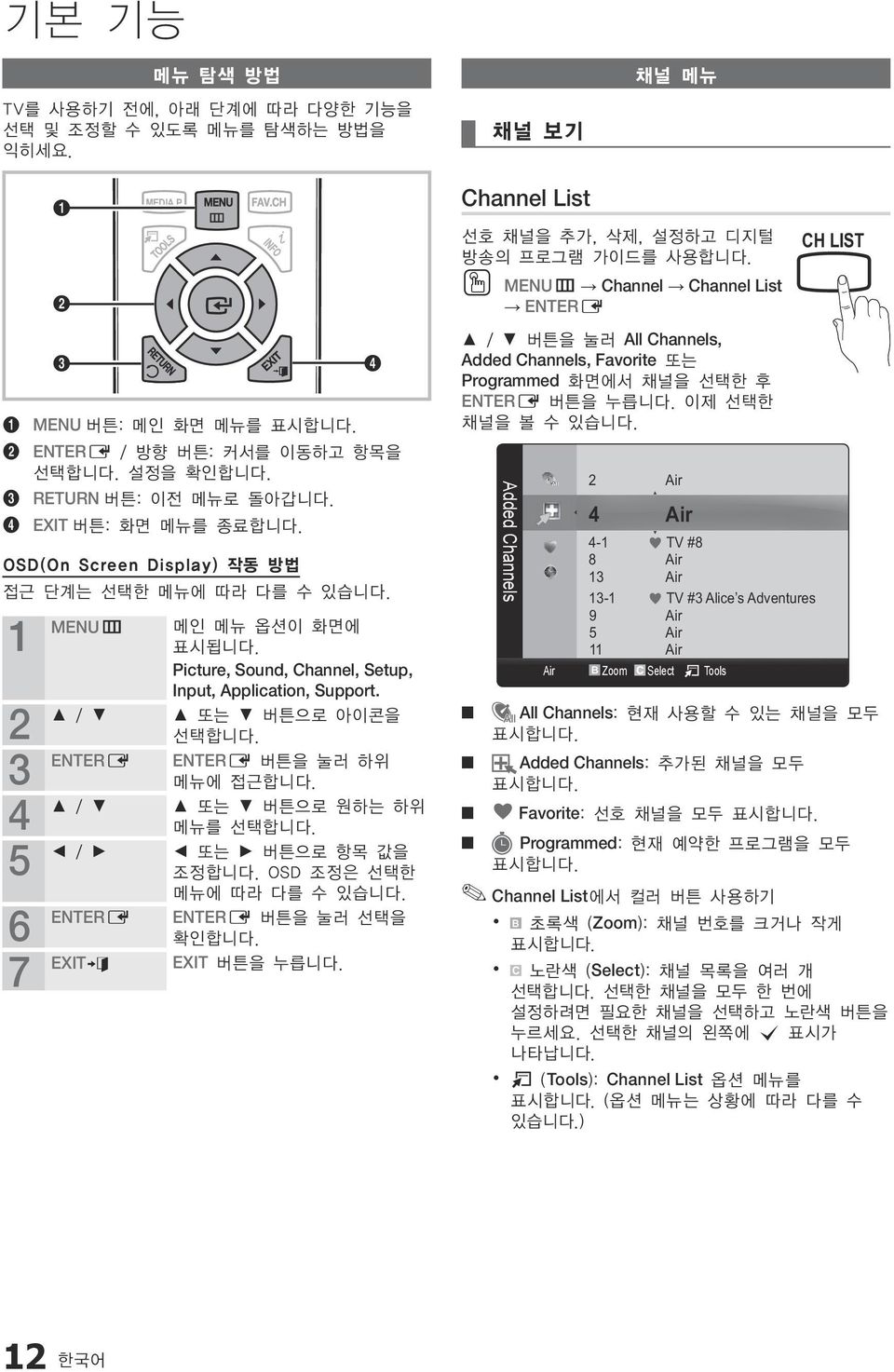 Picture, Sound, Channel, Setup, Input, Application, Support. / 또는 버튼으로 아이콘을 선택합니다. ENTERE ENTERE 버튼을 눌러 하위 메뉴에 접근합니다. / 또는 버튼으로 원하는 하위 메뉴를 선택합니다. / 또는 버튼으로 항목 값을 조정합니다. OSD 조정은 선택한 메뉴에 따라 다를 수 있습니다.