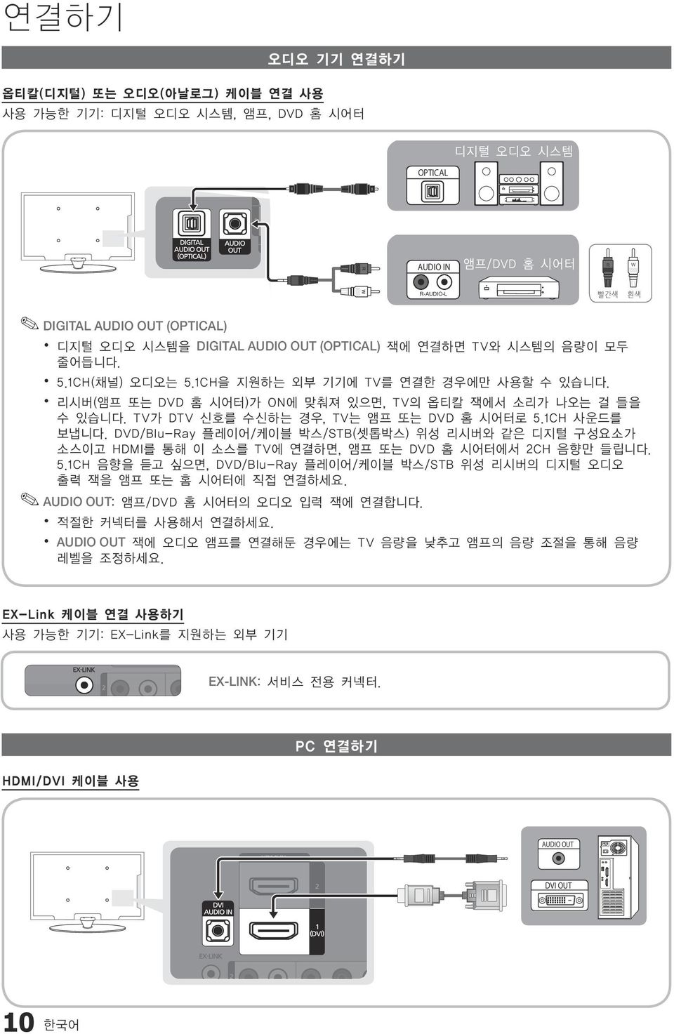 TV가 DTV 신호를 수신하는 경우, TV는 앰프 또는 DVD 홈 시어터로 5.1CH 사운드를 보냅니다. DVD/Blu-Ray 플레이어/케이블 박스/STB(셋톱박스) 위성 리시버와 같은 디지털 구성요소가 소스이고 HDMI를 통해 이 소스를 TV에 연결하면, 앰프 또는 DVD 홈 시어터에서 2CH 음향만 들립니다. 5.1CH 음향을 듣고 싶으면, DVD/Blu-Ray 플레이어/케이블 박스/STB 위성 리시버의 디지털 오디오 출력 잭을 앰프 또는 홈 시어터에 직접 연결하세요.